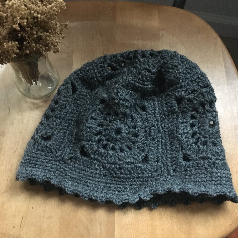 Hand Crocheted Gray Wool Monochromatic Granny Square Woman's Beanie Bucket Hat